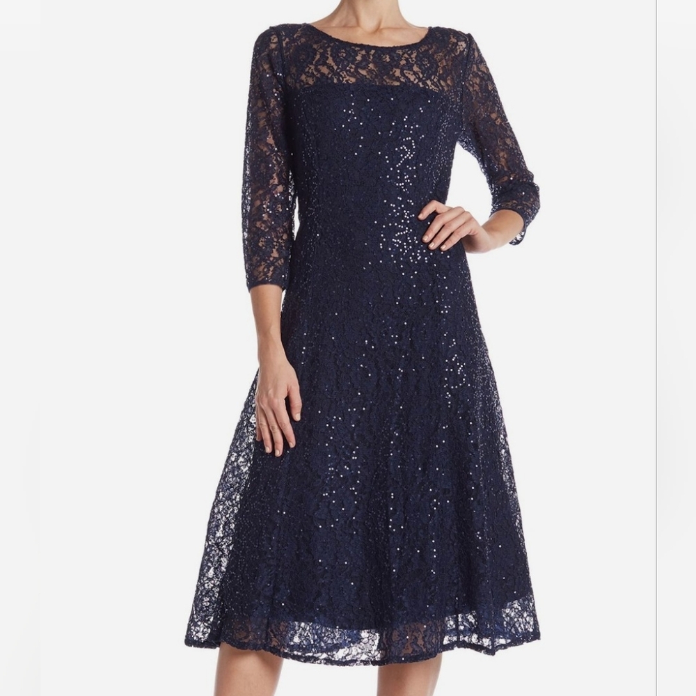 SL FASHIONS Size 16 Navy Blue Lace Overlay Fit & Flare Midi Dress MSRP $129.00